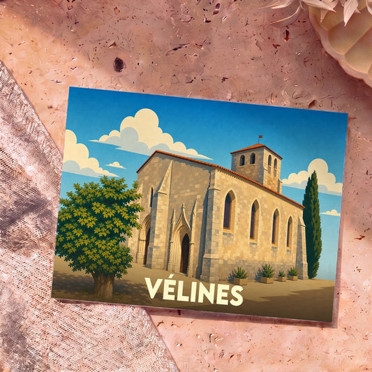 Carte postale souvenir de la ville de Vélines avec une illustration stylisée de son église.