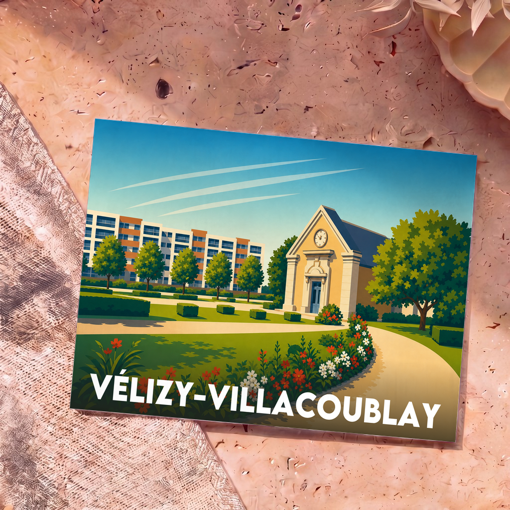Carte postale souvenir de la ville de Vélizy-Villacoublay avec une illustration colorée et stylisée.