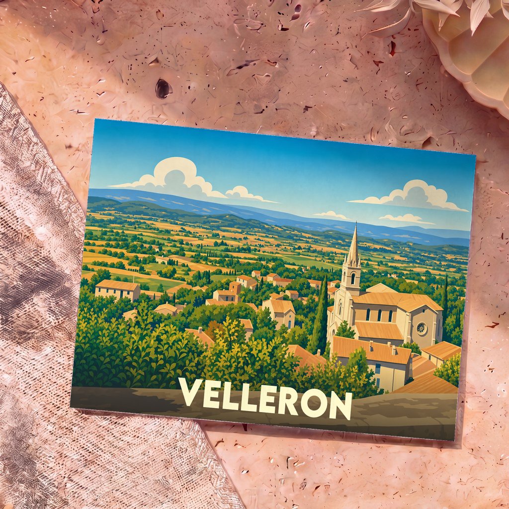 Carte postale souvenir de la ville de Velleron avec une illustration stylisée de ses paysages et de son église.