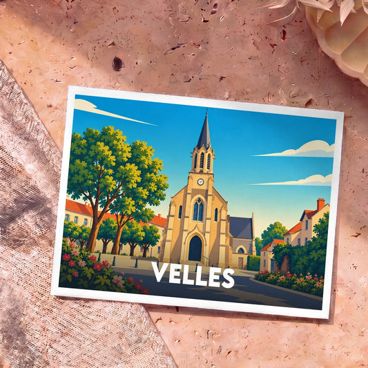 Carte postale souvenir de la ville de Velles illustrant son église dans un style graphique épuré.