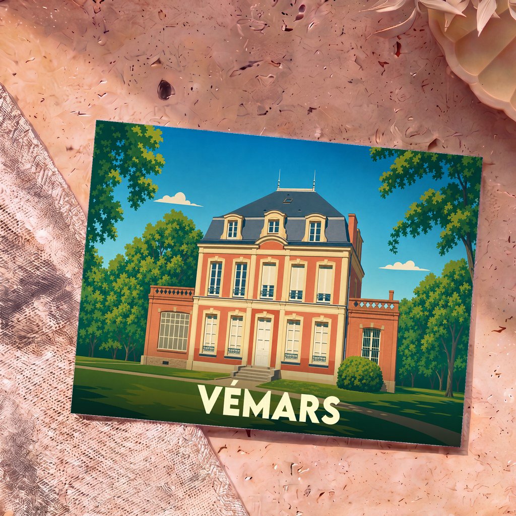 Carte postale souvenir de la ville de Vémars avec une illustration stylisée d'un château.