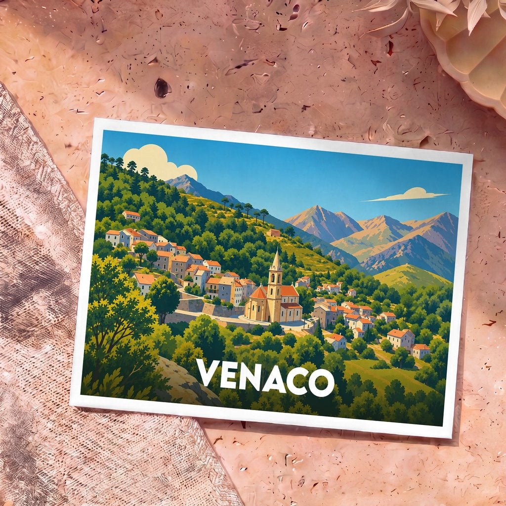 Carte postale souvenir de la ville de Venaco avec une illustration stylisée d'un village de montagne corse.