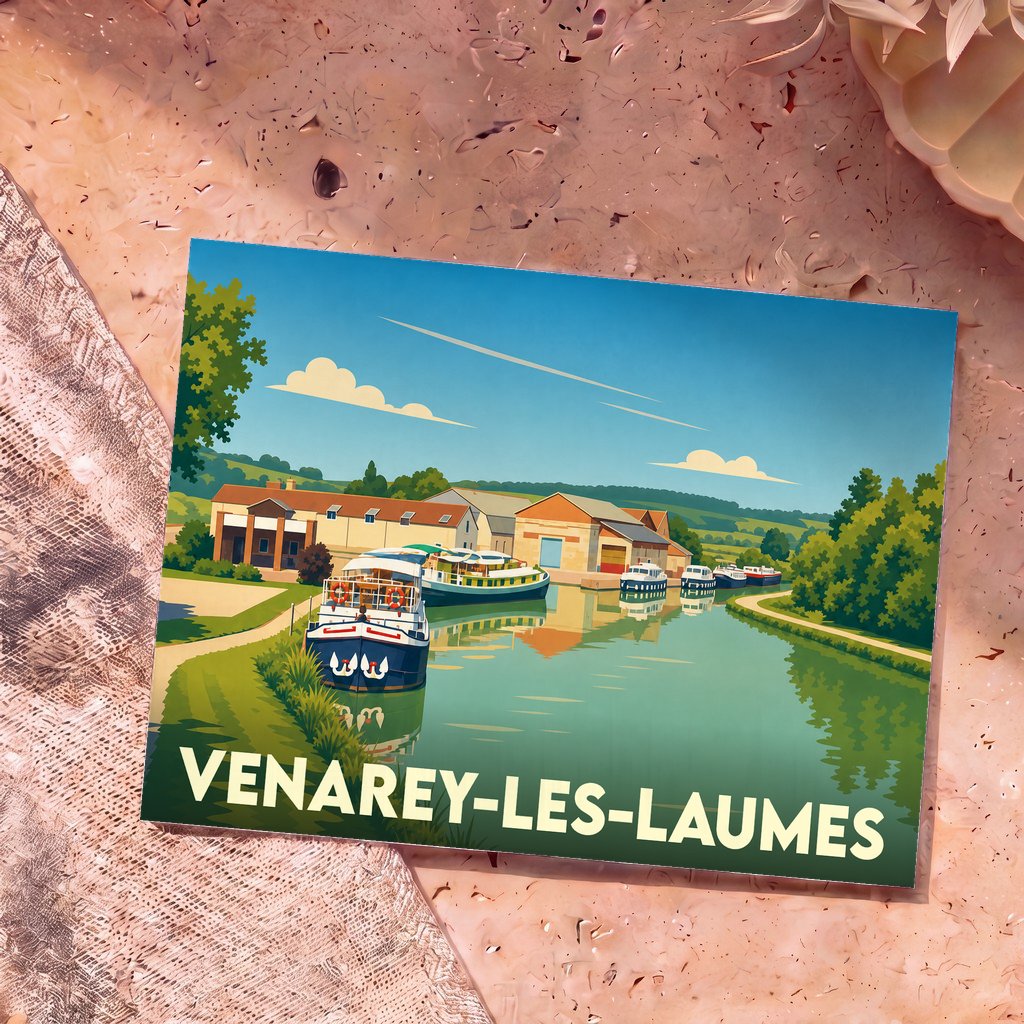Carte postale souvenir de la ville de Venarey-les-Laumes illustrant des péniches sur le canal de Bourgogne.