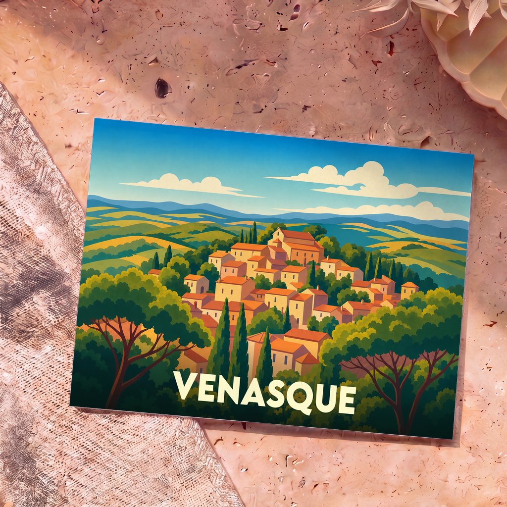 Carte postale souvenir de la ville de Venasque avec une illustration stylisée de ses collines et maisons provençales.