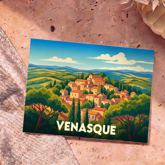 Carte postale souvenir de la ville de Venasque avec une illustration stylisée de ses collines et maisons provençales.