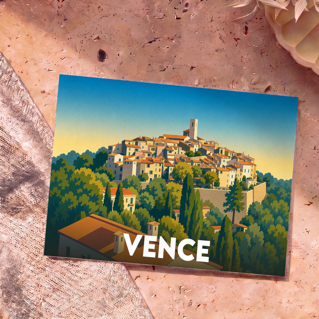 Carte postale souvenir de la ville de Vence avec une illustration stylisée d'un village perché.
