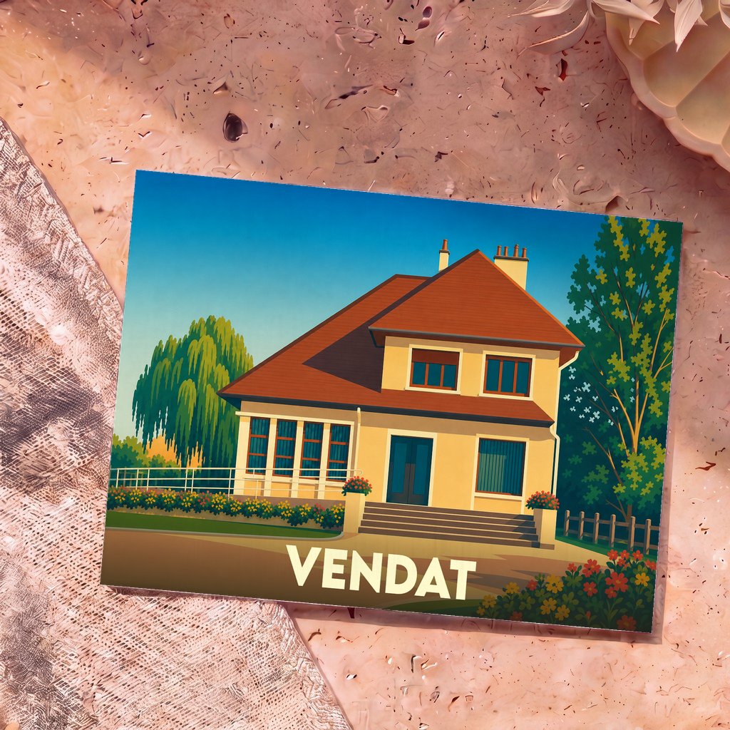 Carte postale souvenir de la ville de Vendat avec une illustration stylisée d'une maison.