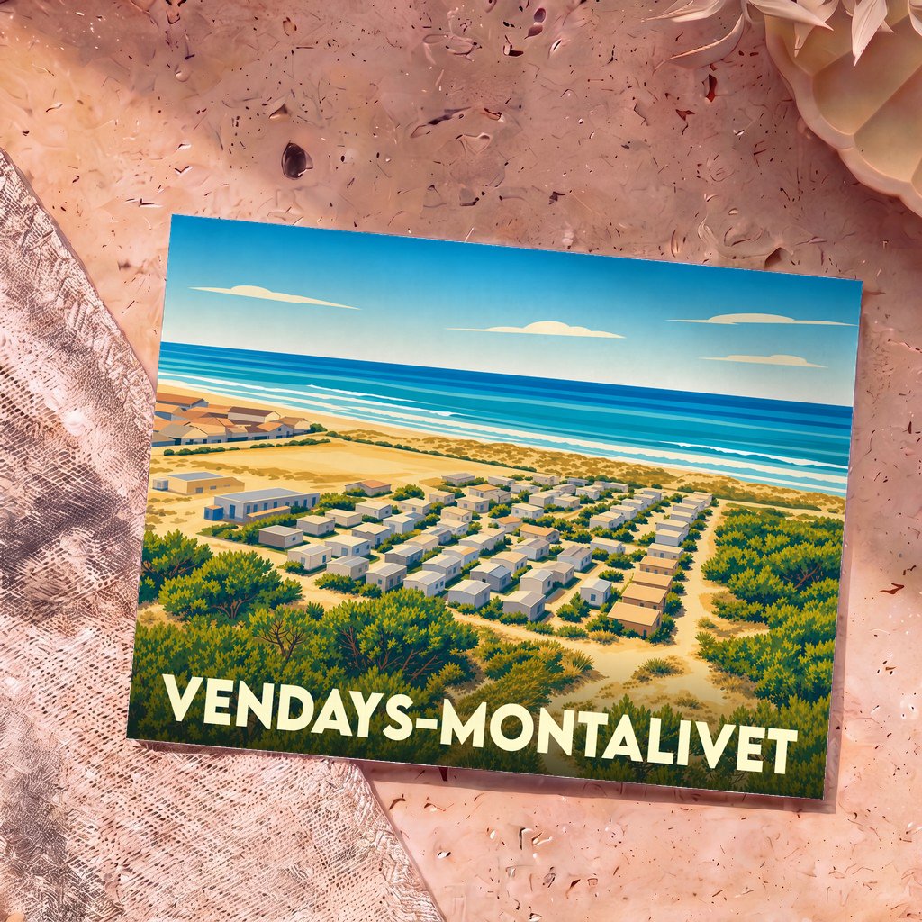 Carte postale souvenir de la ville de Vendays-Montalivet avec une illustration stylisée du littoral et de ses résidences.