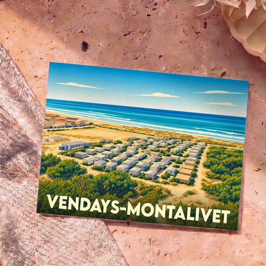 Carte postale souvenir de la ville de Vendays-Montalivet avec une illustration stylisée du littoral et de ses résidences.
