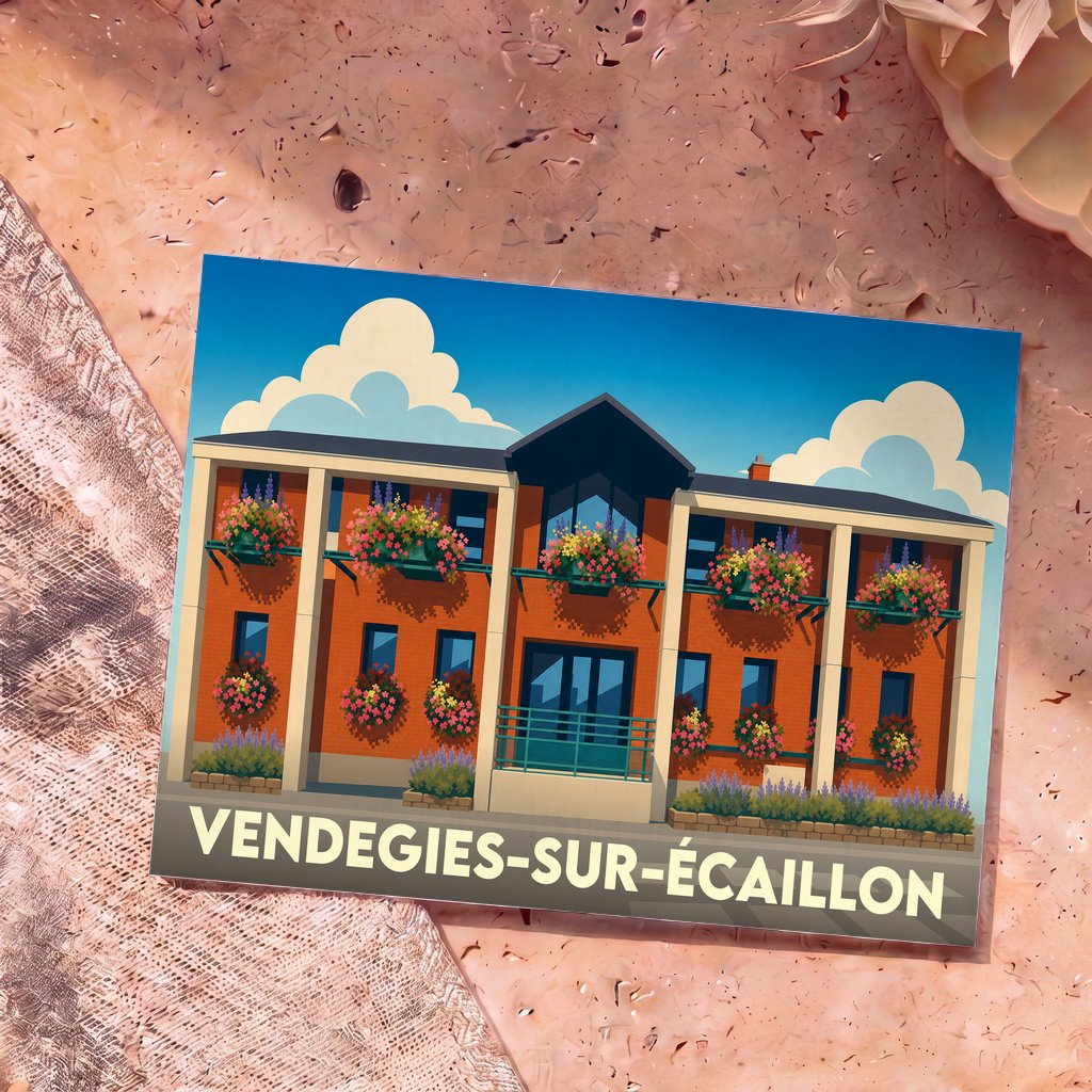 Carte postale souvenir de la ville de Vendegies-sur-Écaillon avec une illustration stylisée de la mairie fleurie.