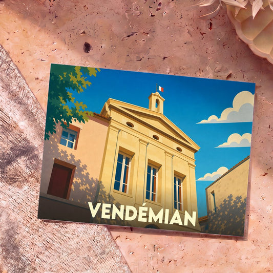 Carte postale souvenir de la ville de Vendémian avec une illustration stylisée de sa mairie sous un ciel bleu ensoleillé.