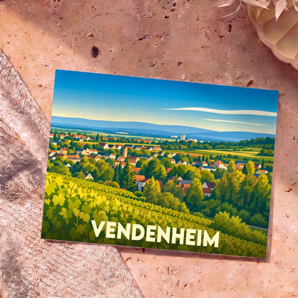 Carte postale souvenir de la ville de Vendenheim avec une illustration stylisée de ses paysages et vignobles.