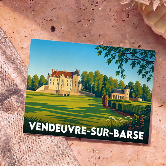 Carte postale souvenir de la ville de Vendeuvre-sur-Barse avec une illustration stylisée de son château.