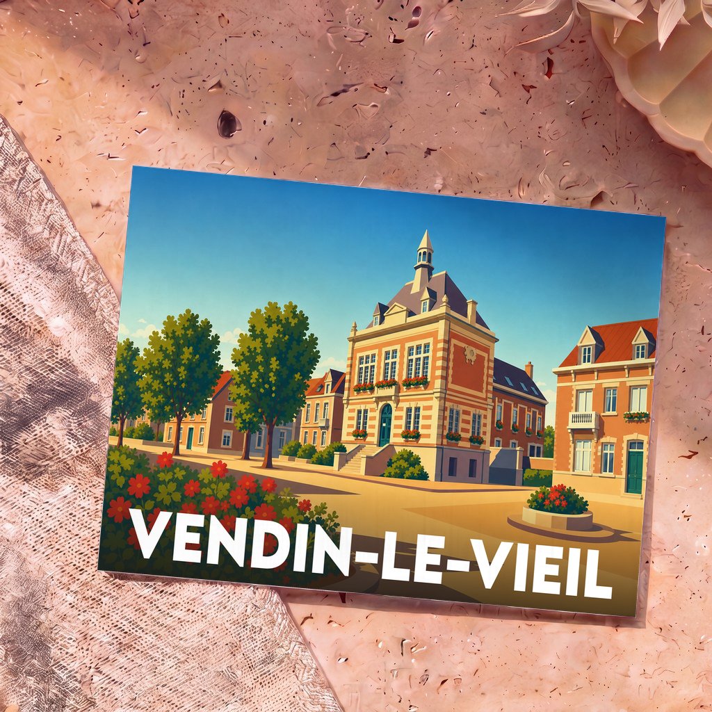 Carte postale souvenir de la ville de Vendin-le-Vieil avec une illustration stylisée de son architecture typique.