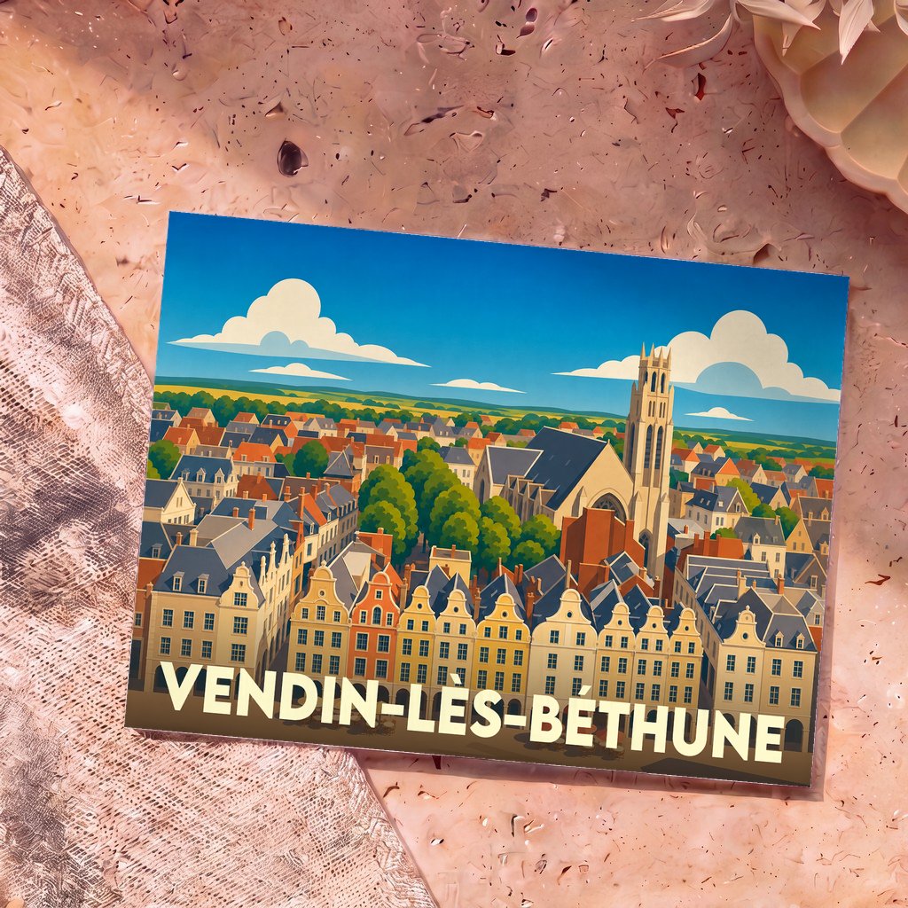 Carte postale souvenir de la ville de Vendin-lès-Béthune avec une illustration stylisée.