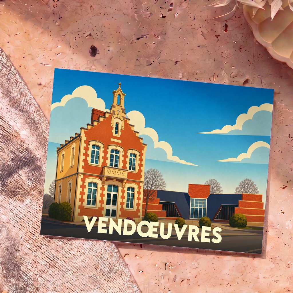 Carte postale souvenir de la ville de Vendœuvres illustrant son hôtel de ville dans un style graphique épuré.
