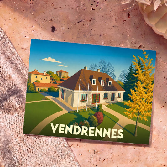 Carte postale souvenir de la ville de Vendrennes avec une illustration stylisée d'une maison traditionnelle sous un ciel bleu.