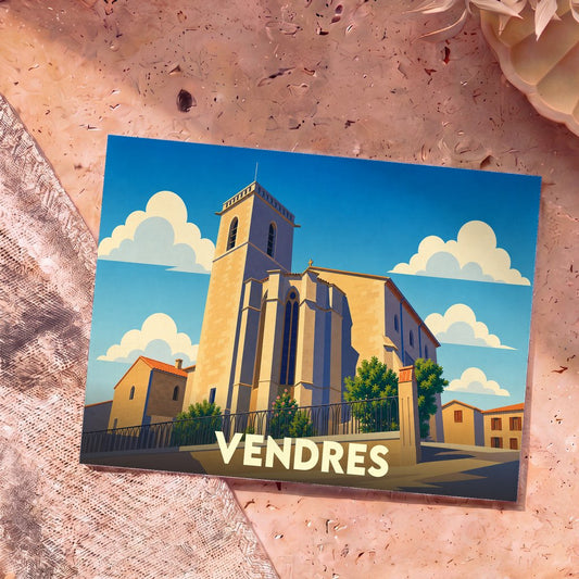 Carte postale souvenir de la ville de Vendres avec une illustration stylisée de son église sous un ciel bleu.