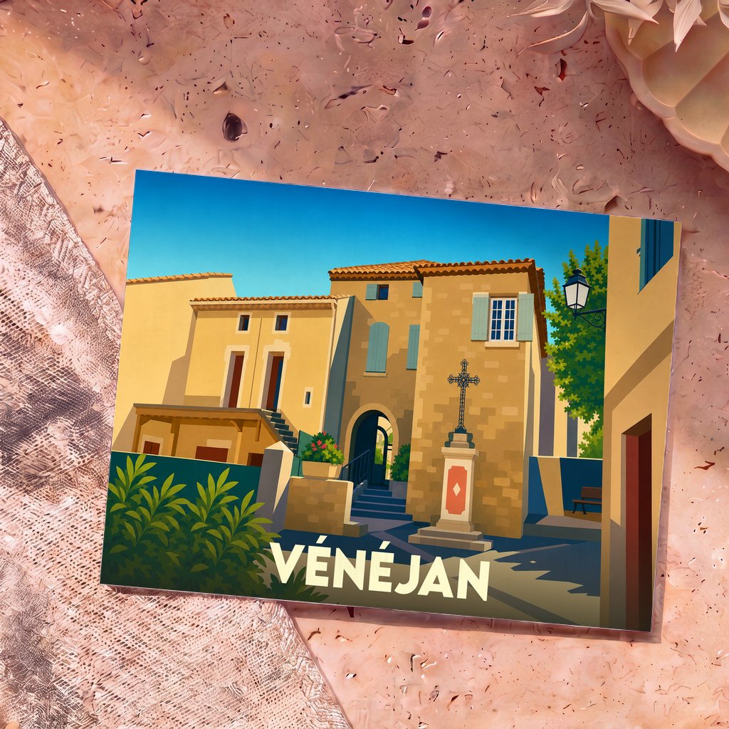 Carte postale souvenir de la ville de Vénéjan illustrant une place de village ensoleillée avec une architecture traditionnelle.