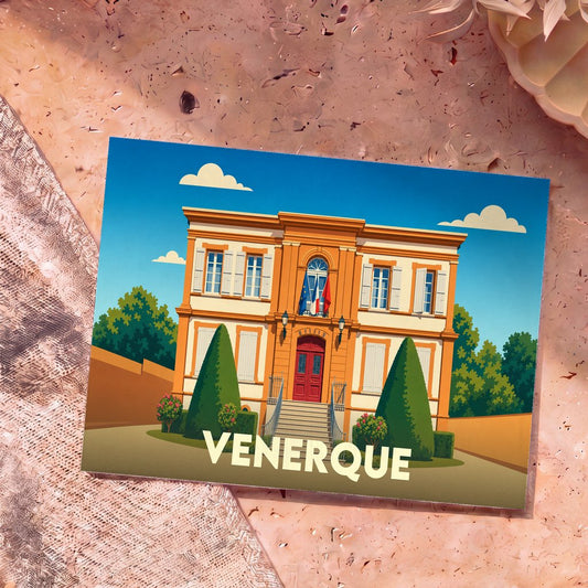 Carte postale souvenir de la ville de Venerque avec une illustration stylisée de sa mairie.