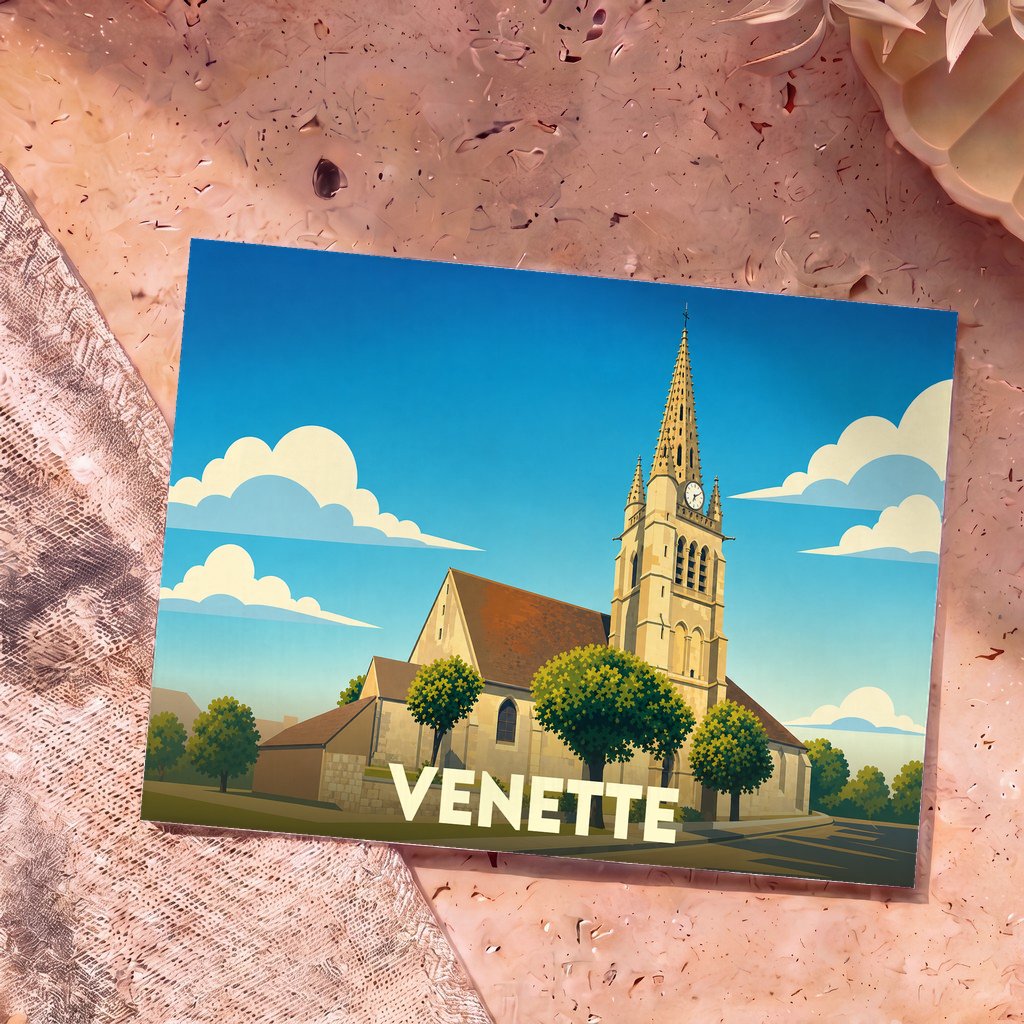 Carte postale souvenir de la ville de Venette avec une illustration stylisée de son église.