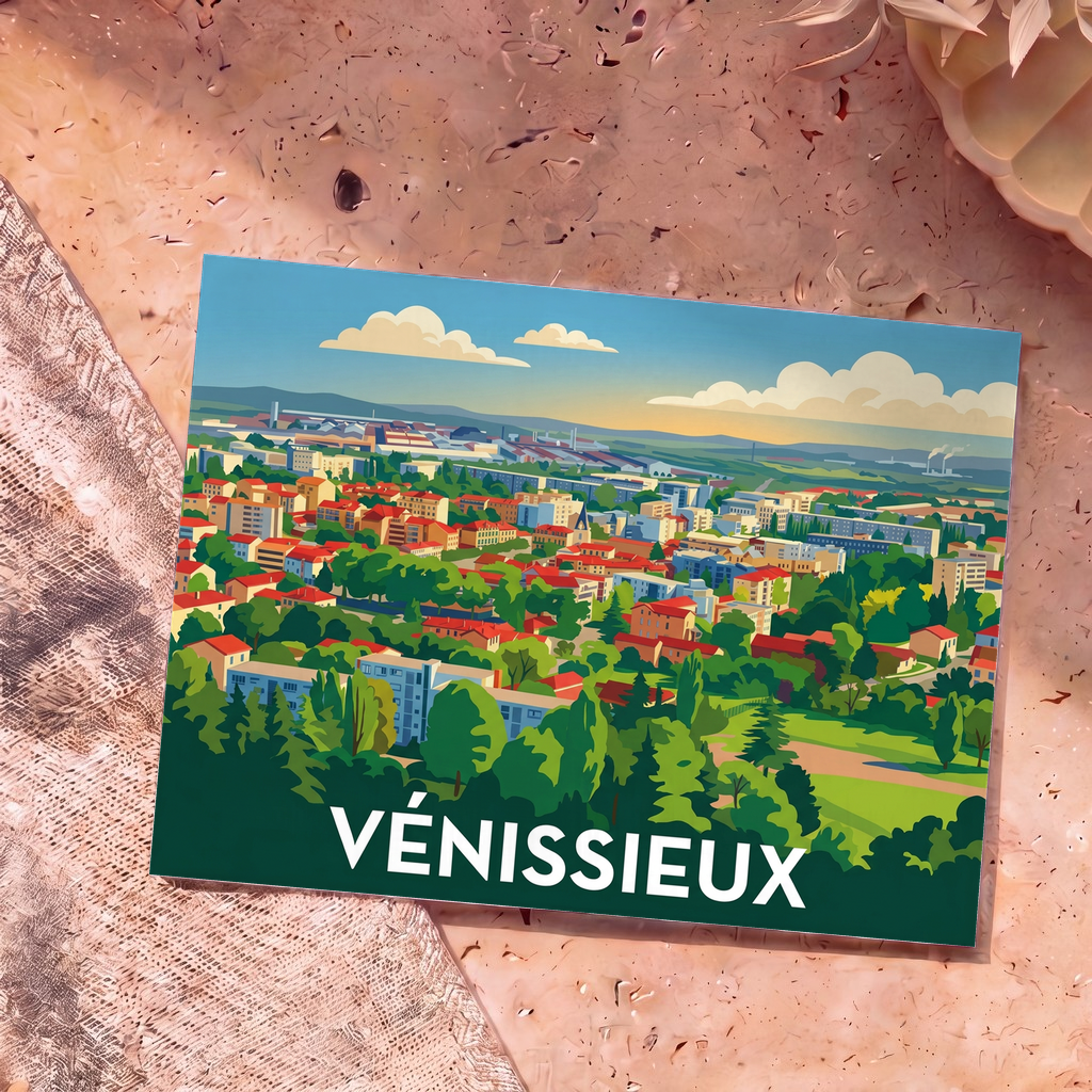 Carte postale souvenir de la ville de Vénissieux avec une illustration panoramique et colorée.