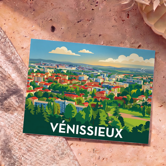 Carte postale souvenir de la ville de Vénissieux avec une illustration panoramique et colorée.