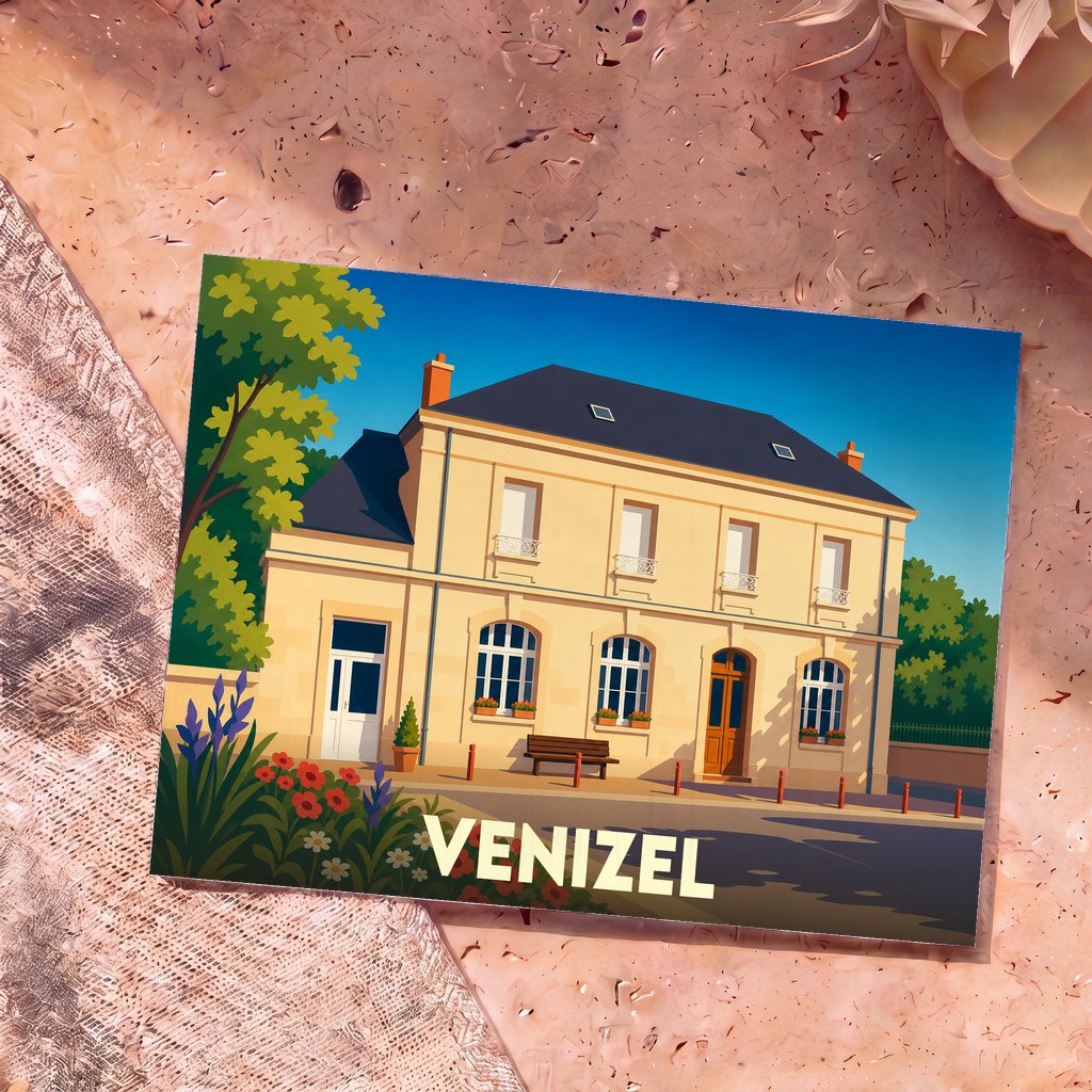 Carte postale souvenir de la ville de Venizel avec une illustration stylisée d'un bâtiment typique.