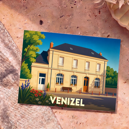 Carte postale souvenir de la ville de Venizel avec une illustration stylisée d'un bâtiment typique.