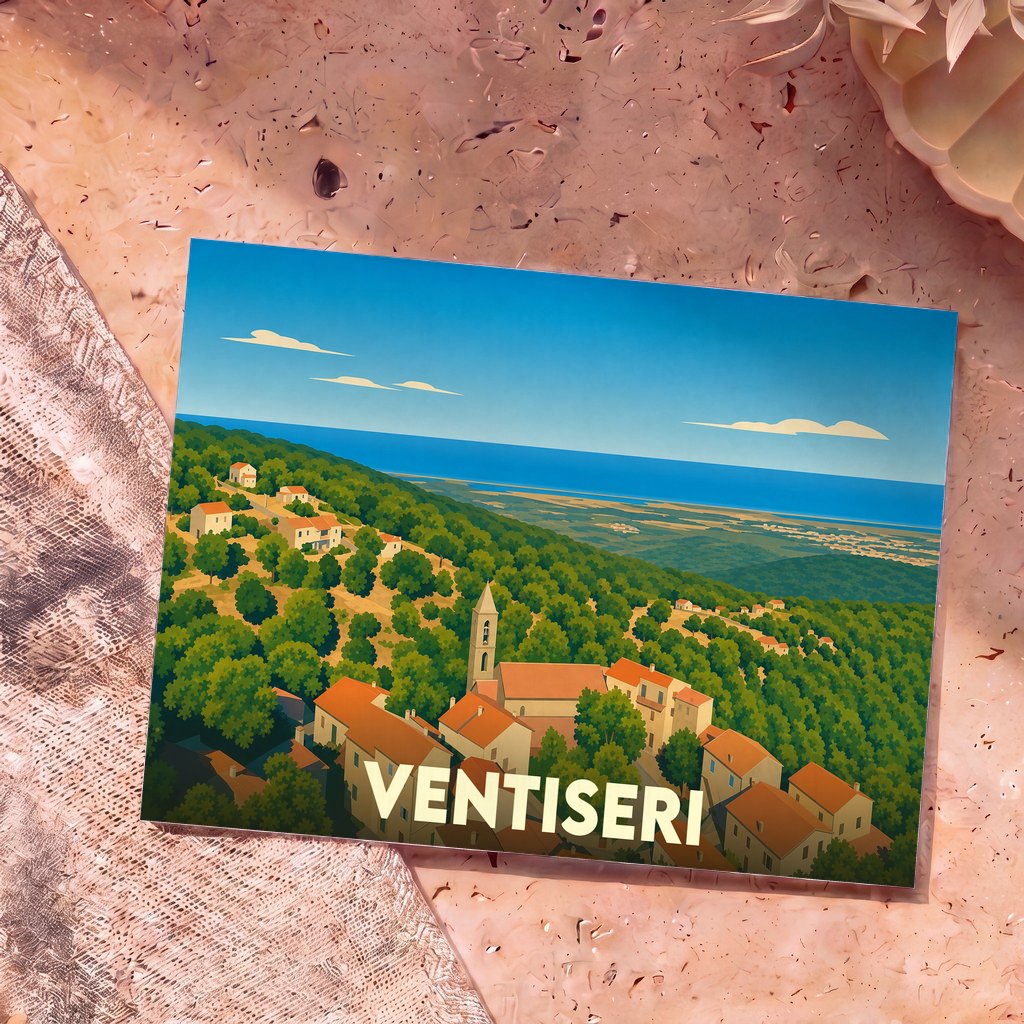 Carte postale souvenir de la ville de Ventiseri arborant une illustration stylisée d'un village corse en bord de mer.