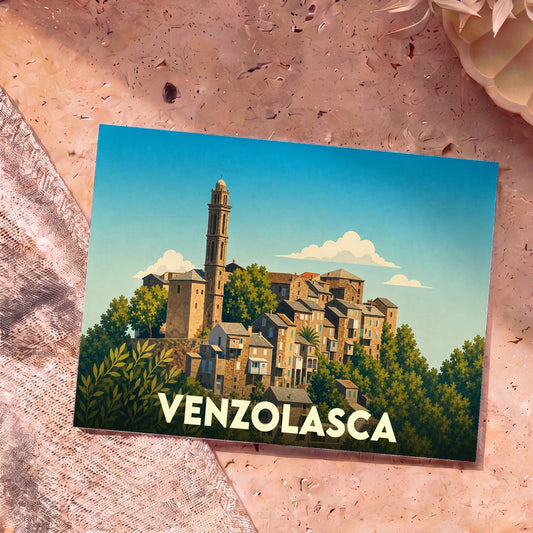 Carte postale souvenir de la ville de Venzolasca avec une illustration stylisée d'un village corse perché.
