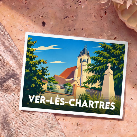 Carte postale souvenir de la ville de Ver-lès-Chartres avec une illustration stylisée de son église.