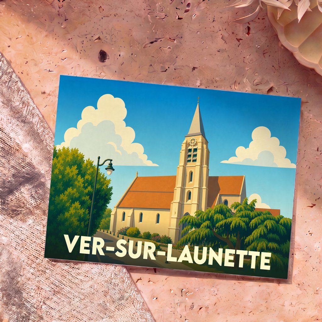 Carte postale souvenir de la ville de Ver-sur-Launette avec une illustration stylisée de son église sous un ciel azur.