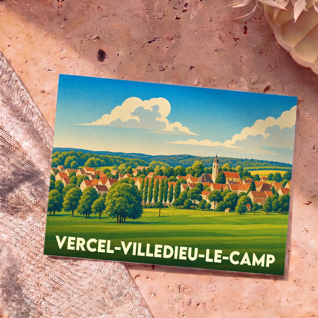 Carte postale souvenir de la ville de Vercel-Villedieu-le-Camp avec une illustration stylisée d'un village pittoresque.