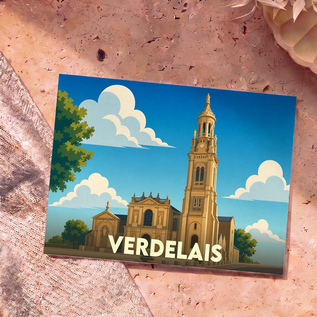Carte postale souvenir de la ville de Verdelais avec une illustration stylisée de sa basilique sous un ciel azur.