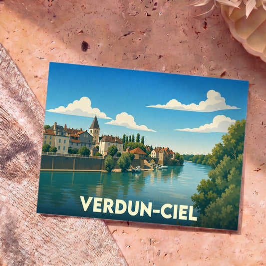 Carte postale souvenir de la ville de Verdun-Ciel avec une illustration stylisée des bords de Meuse.