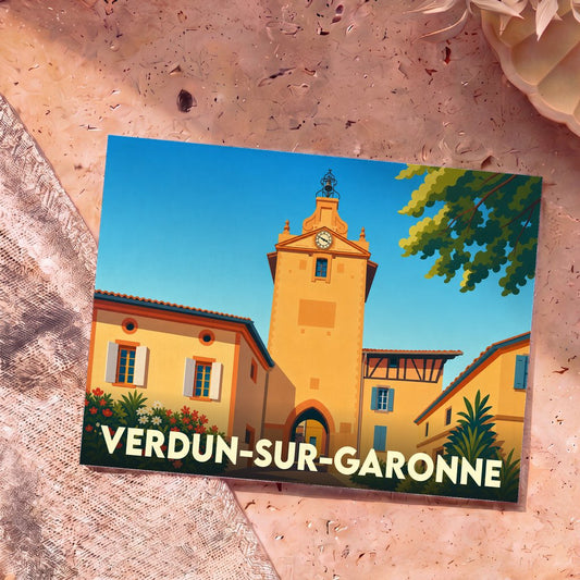 Carte postale souvenir de la ville de Verdun-sur-Garonne avec une illustration stylisée de sa tour de l'horloge.