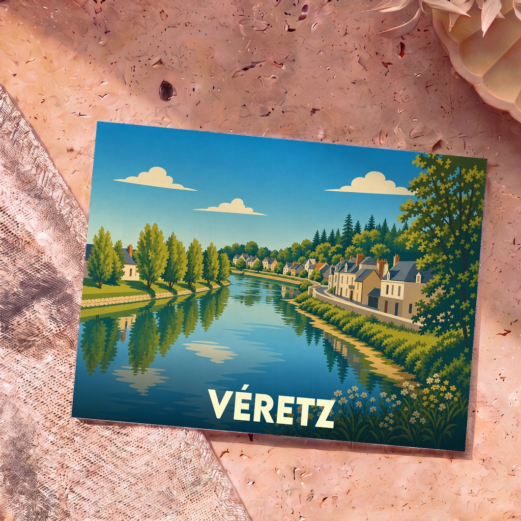 Carte postale souvenir de la ville de Véretz avec une illustration stylisée des bords du Cher.