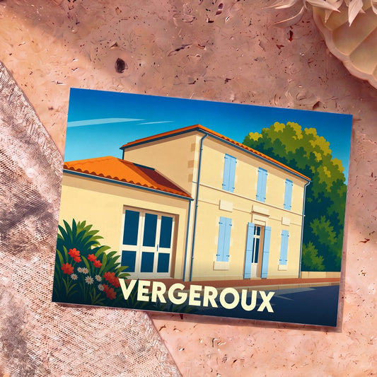 Carte postale souvenir de la ville de Vergeroux avec une illustration stylisée d'une maison traditionnelle aux volets bleus.