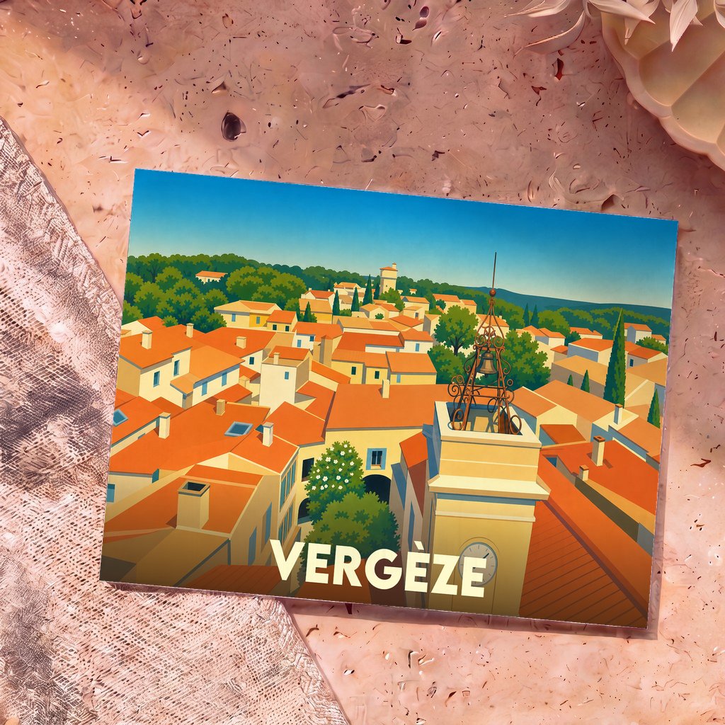 Carte postale souvenir de la ville de Vergèze avec une illustration stylisée de ses toits ensoleillés et de son clocher.