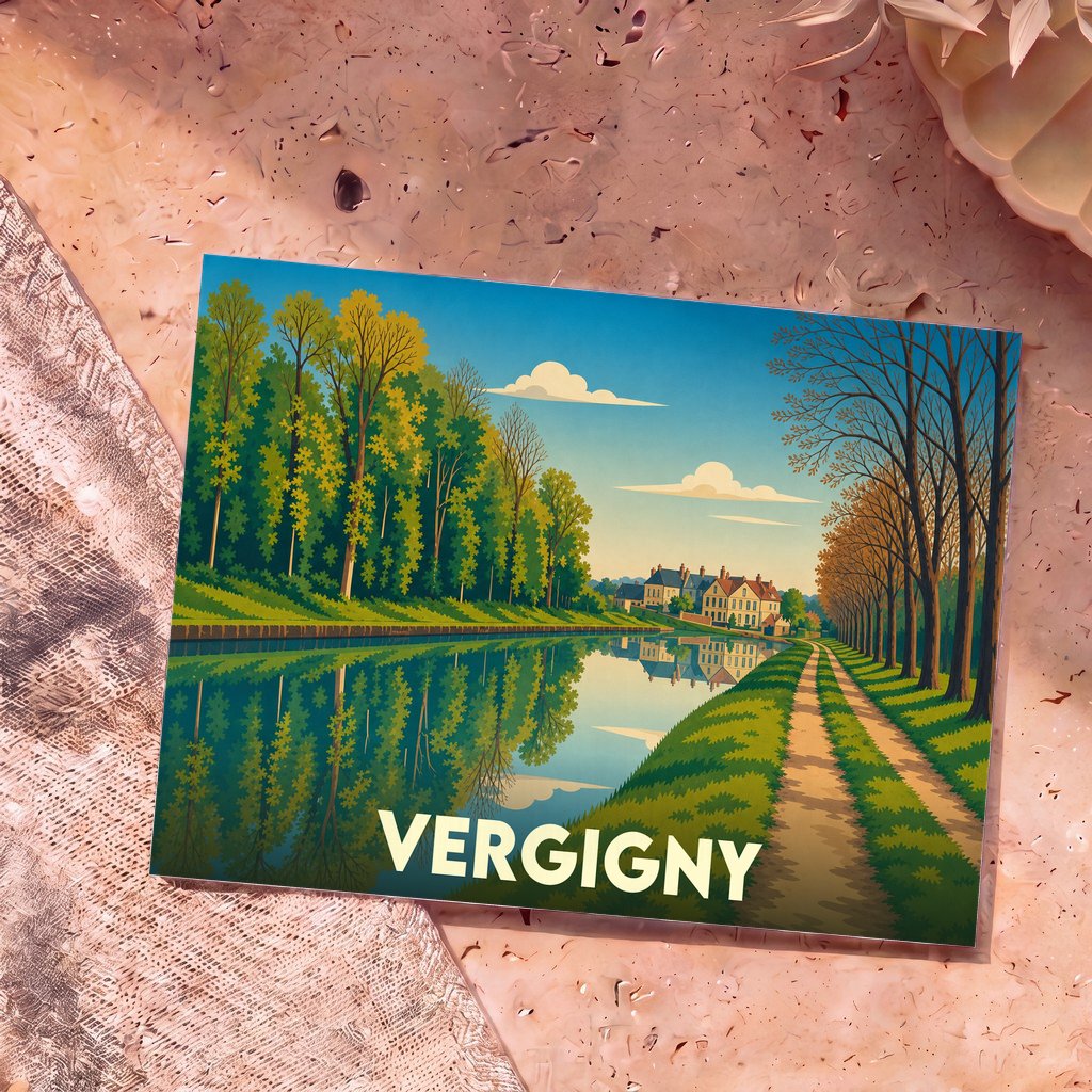 Carte postale souvenir de la ville de Vergigny avec une illustration stylisée d'un canal bordé d'arbres.
