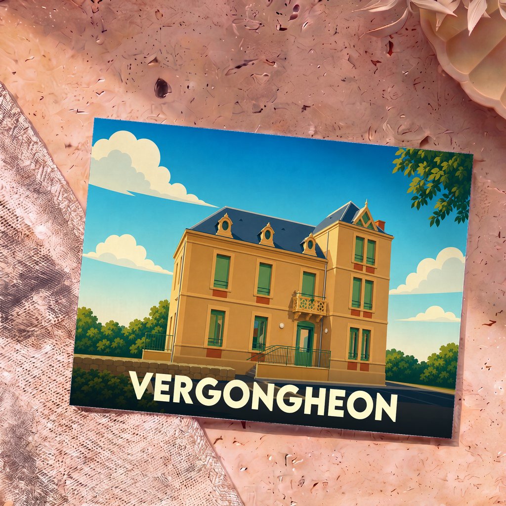 Carte postale souvenir de la ville de Vergongheon avec une illustration stylisée d'une grande bâtisse.