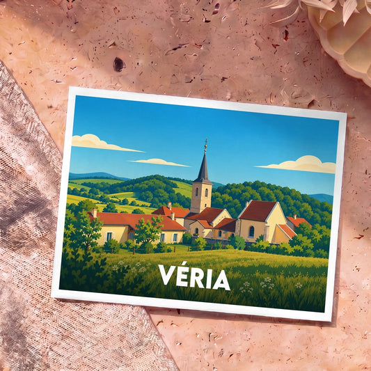 Carte postale souvenir de la ville de Véria avec une illustration stylisée d'un village pittoresque.