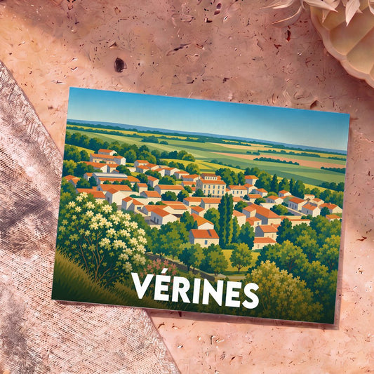 Carte postale souvenir de la ville de Vérines illustrant un paysage de village champêtre.