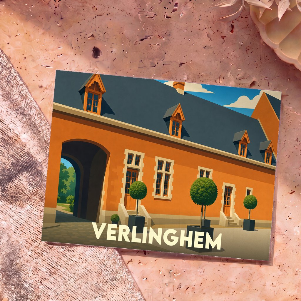 Carte postale souvenir de la ville de Verlinghem avec une illustration stylisée de son architecture.