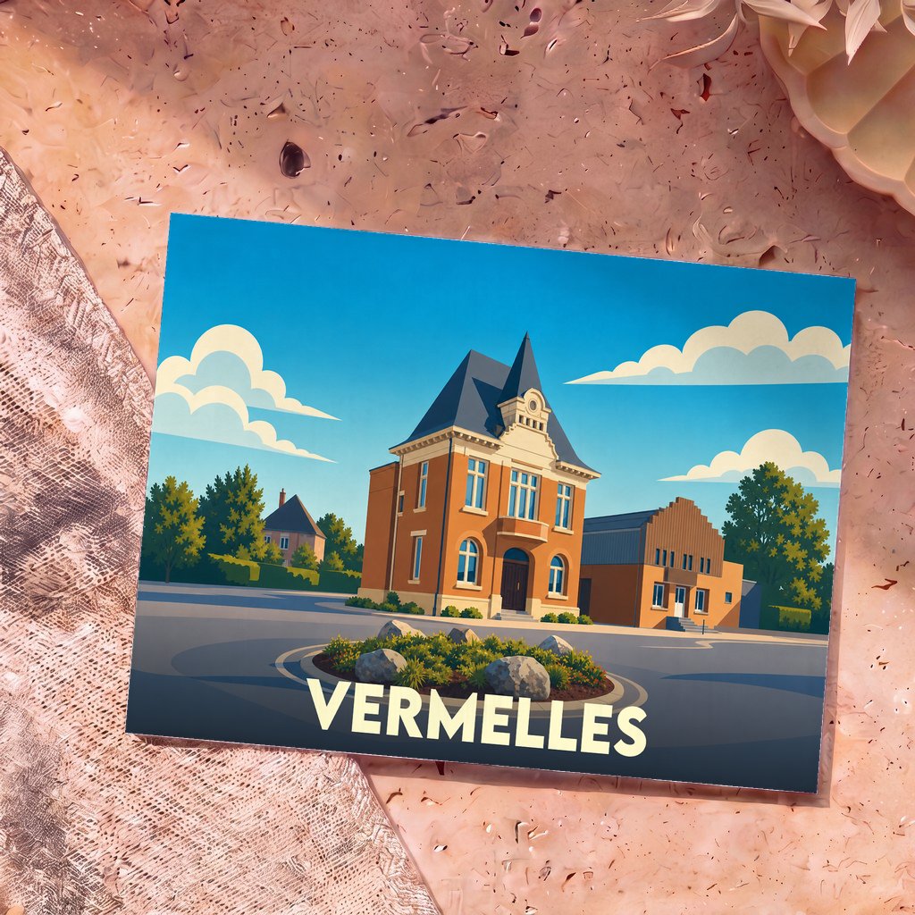 Carte postale souvenir de la ville de Vermelles avec une illustration stylisée de son architecture locale.
