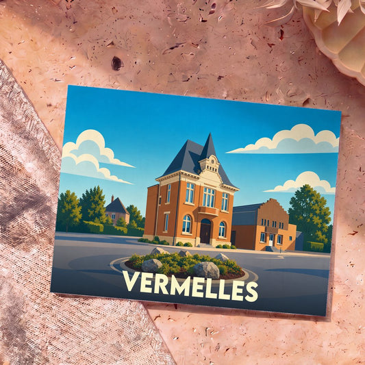 Carte postale souvenir de la ville de Vermelles avec une illustration stylisée de son architecture locale.