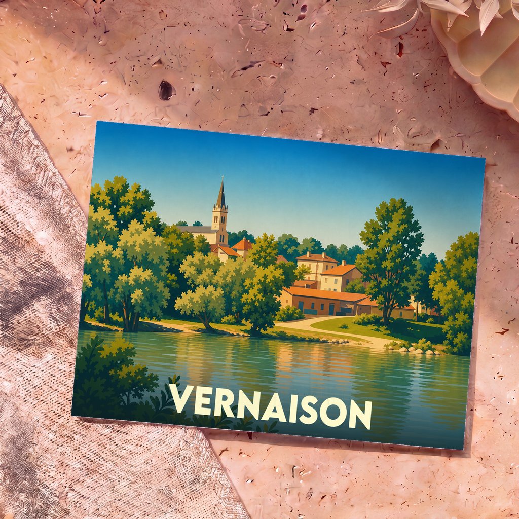 Carte postale souvenir de la ville de Vernaison avec une illustration stylisée d'un village en bord de rivière.