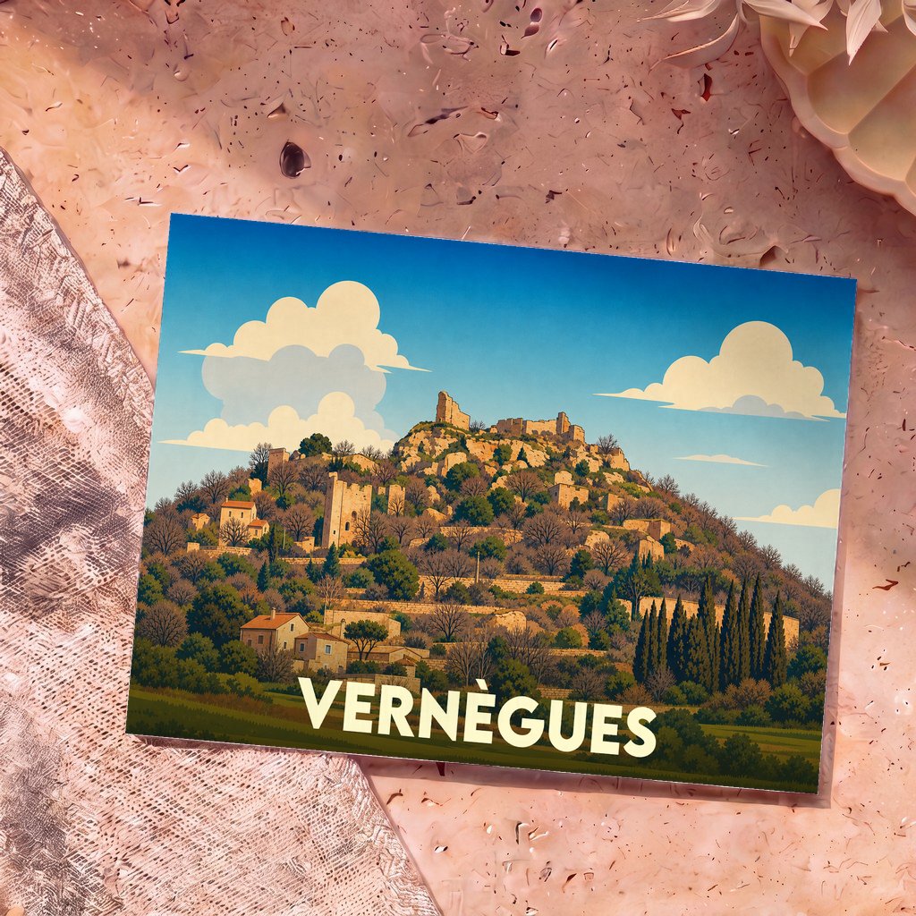 Carte postale souvenir de la ville de Vernègues avec une illustration stylisée d'un village perché et de ses ruines.