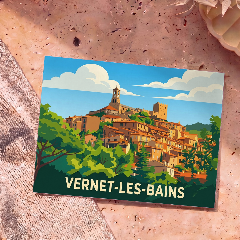 Carte postale souvenir de la ville de Vernet-les-Bains avec une illustration stylisée du village et de son église.